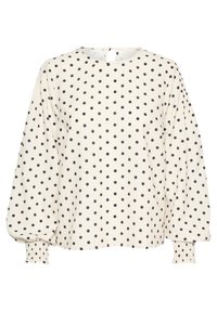 Crèmekleurige blouse met zwarte stippen, ronde hals, keyhole-sluiting op de rug en pofmouwen met gerimpelde manchetten. Zachte katoenen stofmix.