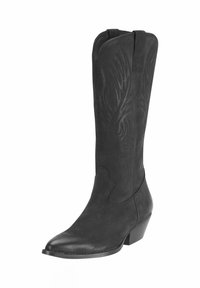 Bota de cowboy de cuero negro con detallados bordados intrincados, punta afilada y tacón bajo apilado. Textura suave con acabado mate.