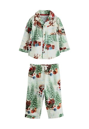 Children's festive pajama set with long-sleeve button shirt and pants featuring Santa, reindeer, Christmas trees, and gift prints on white fabric.