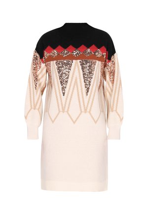 Knit sweater dress in cream, featuring a black, red, and brown patterned yoke with sequins, long sleeves, and ribbed cuffs and hem.