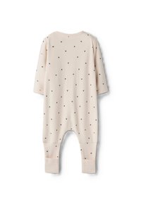 Body rose clair pour bébé avec des imprimés de cœurs noirs, manches longues, fermeture à pressions au cou, et poignets côtelés aux chevilles. Matériau en coton doux.