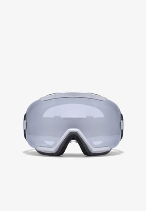 Slēpošanas brilles ar gludu, caurspīdīgu lēcu un matētu melnu putu rāmi; augšējā malā un sānos ir pelēki akcenti un regulatori.