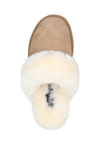 Tan suede slipper with a wide, fluffy white fur cuff. Rounded shape, soft texture, and a flat sole, featuring a logo on the insole.