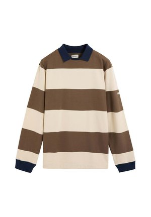 Camisa de rugby de manga larga con amplias franjas horizontales en marrón y beige, cuello azul marino y puños azul marino.