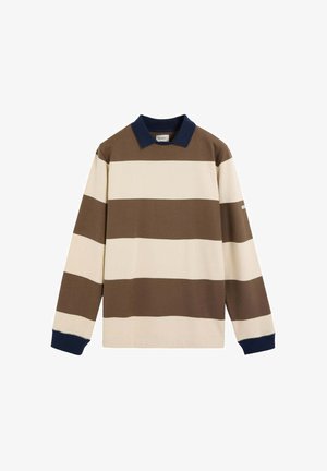 Camisa de rugby de manga larga con amplias franjas horizontales en marrón y beige, cuello azul marino y puños azul marino.