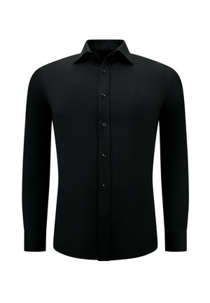 Zwart shirt met lange mouwen gemaakt van gestructureerde stof. Voorzien van een boord met knoopsluiting, knoopsluiting aan de voorkant en een subtiel geborduurd logo op de borst.