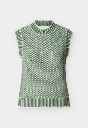 Zielona i biała bezrękawnikowa dzianinowa kamizelka z wysokim, prążkowanym kołnierzem i teksturowanym wzorem na jednolitym tle.