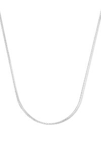 Delicate zilveren ketting met fijne ovale schakels, gepresenteerd tegen een witte achtergrond in een U-vorm.