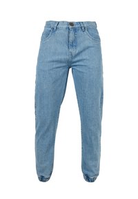 Pantalones de mezclilla azul claro con cintura alta, corte holgado y puños elásticos en los tobillos. Incluye bolsillos delanteros y cierre de botón.