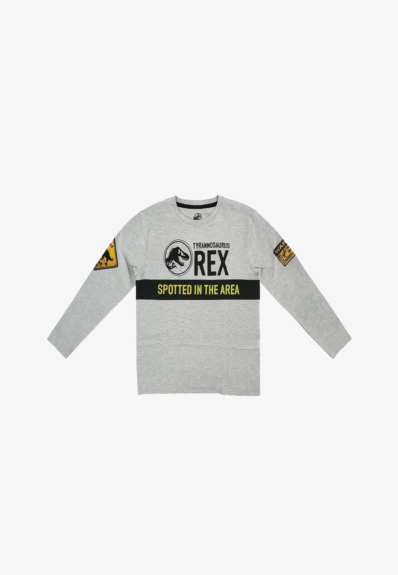 Camiseta de manga larga gris hecha de algodón. Presenta el texto "TYRANNOSAURUS REX", gráficos de dinosaurios y parches en las mangas con acentos en negro y amarillo.