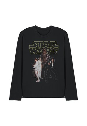 Black long-sleeve shirt with yellow "Star Wars" text and characters Luke Skywalker, Princess Leia, Chewbacca, and Han Solo posing with weapons.