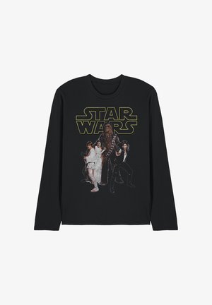Schwarzes Langarmshirt mit gelbem "Star Wars"-Text und den Figuren Luke Skywalker, Prinzessin Leia, Chewbacca und Han Solo, die mit Waffen posieren.