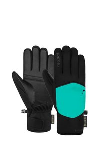 Wasserfeste Handschuhe mit schwarzen Lederpalmen und schwarzem Softshell-Gewebe. Helle Türkisakzente mit Logo, verstellbarem Handgelenkriemen und GORE-TEX-Label.