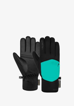 Waterproof gloves with black leather palms and black softshell fabric. Bright teal accent with logo, adjustable wrist strap, and GORE-TEX label.