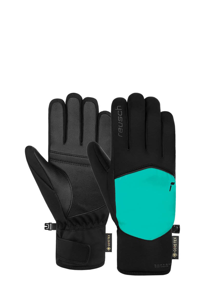 Wasserfeste Handschuhe mit schwarzen Lederpalmen und schwarzem Softshell-Gewebe. Helle Türkisakzente mit Logo, verstellbarem Handgelenkriemen und GORE-TEX-Label.