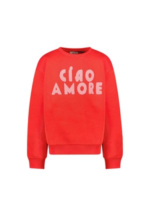 Rode sweatshirt met geribde manchetten en zoom. Bevat vetgedrukte, textuurlettering "CIAO AMORE" in pastelroze over de borst. Zacht materiaal.