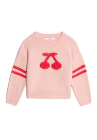 Rosa gestrickter Pullover mit einem Kirschmotiv aus flauschigem rotem Garn, rundem Ausschnitt und zwei horizontalen roten Streifen an jedem Ärmel.