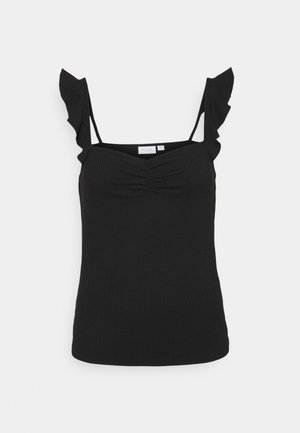 Black ribbed camisole with thin straps, frill accents on shoulders, and ruched detail at the bust. Smooth texture, fitted design.