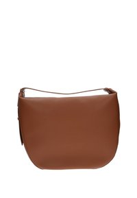 Borsa a tracolla in pelle marrone con texture liscia, forma arrotondata e tracolla regolabile. Include una chiusura con zip nella parte superiore.