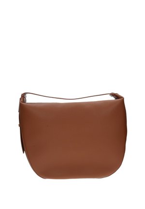 Borsa a tracolla in pelle marrone con texture liscia, forma arrotondata e tracolla regolabile. Include una chiusura con zip nella parte superiore.