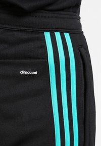 Schwarze Sporthose mit drei vertikalen türkisfarbenen Streifen an der Seite. Mit "climacool"-Logo in Weiß auf der unteren linken Seite.