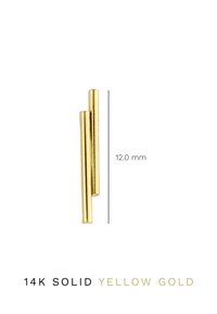 14K solid yellow gold earring with a geometric design, featuring two vertical cylindrical shapes. Height: 12.0 mm. Smooth texture.
