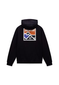 Sweat à capuche noir avec un graphique carré coloré représentant des montagnes stylisées et le texte "NAPAPIJRI 87" au dos.