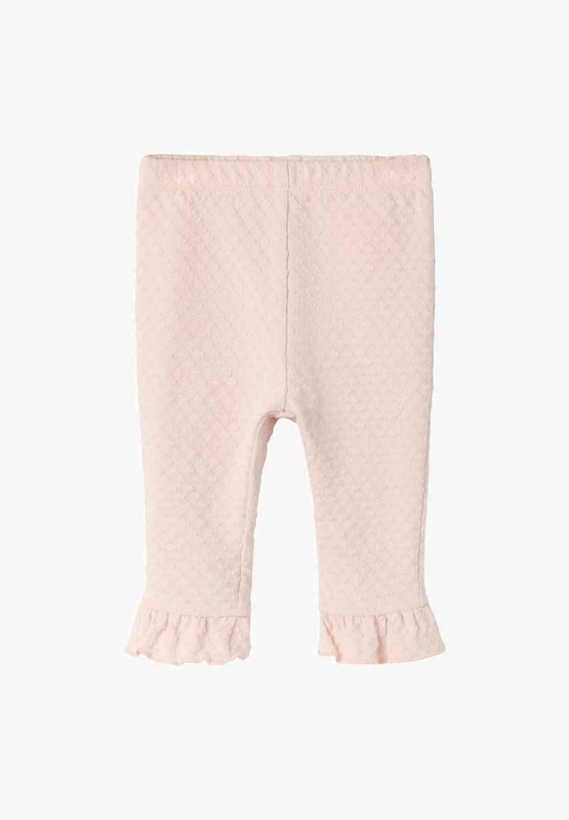 Leggings bébé rose clair avec des pois texturés et des ourlets froncés à la cheville sur un fond blanc uni.