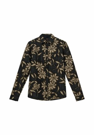 Overhemd met knoopsluiting in donkere stof met een groot beige bloemenpatroon. Heeft een puntige kraag, lange mouwen en een enkele borstzak.