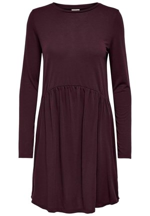 Robe décontractée à manches longues, violet foncé, avec un détail plissé à la taille et un col rond, longueur au genou, en tissu doux et léger.