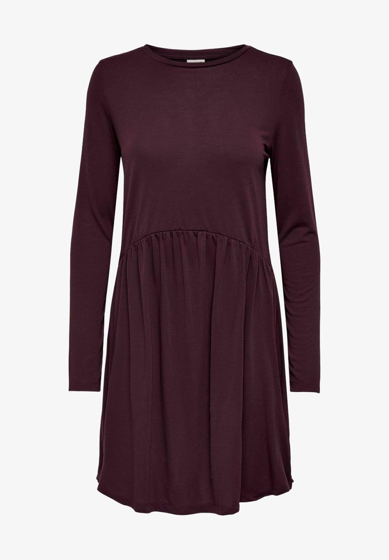 Robe décontractée à manches longues, violet foncé, avec un détail plissé à la taille et un col rond, longueur au genou, en tissu doux et léger.