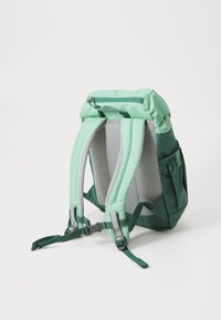Green backpack featuring mesh backing, adjustable straps, a top zip closure, and side pockets for storage. Smooth texture with accent color.