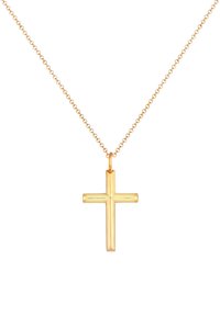 Goldkreuz-Anhänger an einer feinen Kette, mit einem eleganten, polierten Design, einer geometrischen Form und einer ebenmäßigen, reflektierenden Oberfläche.