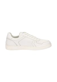 White leather sneaker with perforated toe, contrasting stitching, and a simple lace-up design. Round toe and rubber sole.