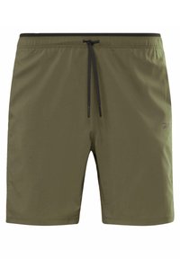 Olivově zelené plavecké šortky vyrobené z rychleschnoucí tkaniny, s pasem na šňůrku, rovnim lemem a logem na boku.