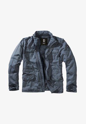 Herregrå jakke med glidelås og knappelukking, fire frontlommer, mykt innerfôr og noe strukturert stoff.