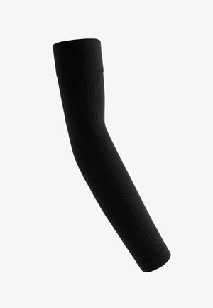 Zwarte geribbelde gebreide armhoes met elastische manchetten aan beide uiteinden, ontworpen voor volledige arm bedekking en ondersteuning.