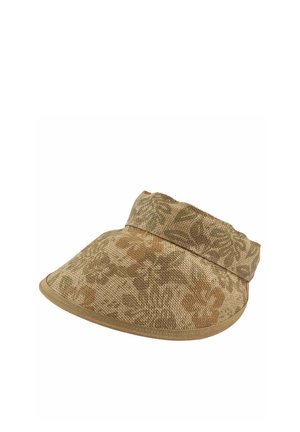 Visiera da sole beige intrecciata con motivo floreale sottile e tesa curva, progettata per la protezione solare all'aperto.