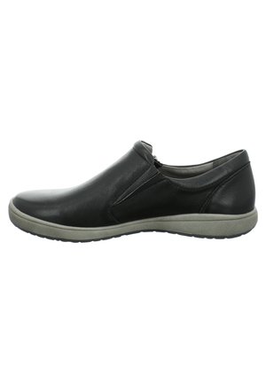 Black leather slip-on shoe with round toe, cushioned insole, and a grey rubber sole. Features side elastic panels for easy wear.