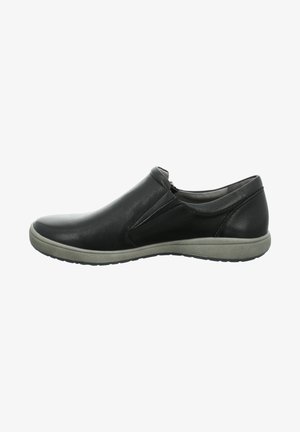Scarpa nera in pelle, slip-on, con punta rotonda, soletta imbottita e suola in gomma grigia. Presenta pannelli elastici laterali per una facile calzata.