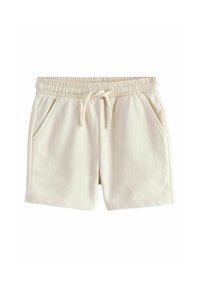 Cream-colored shorts made of cotton blend fabric, featuring an elastic waistband with a drawstring, and side pockets for storage.