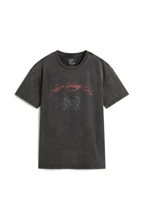 Dark gray cotton t-shirt with a crew neck, short sleeves, and a vintage-style graphic in red and blue on the front.