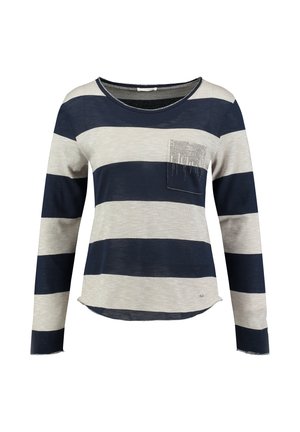 Koszula z długim rękawem w paski w kolorze szarym i granatowym, o okrągłym dekolcie, z małą kieszonką z ozdobnym wykończeniem.