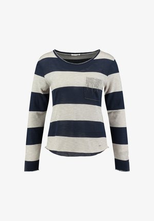 Koszula z długim rękawem w paski w kolorze szarym i granatowym, o okrągłym dekolcie, z małą kieszonką z ozdobnym wykończeniem.