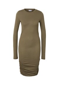 Długa sukienka z długim rękawem w kolorze oliwkowej zieleni, wykonana z miękkiego materiału, o dopasowanym kroju z marszczonymi detalami po bokach, podkreślającymi smukłą sylwetkę.