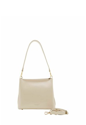 Beigefarbene Lederhandtasche mit kurzem Henkel und abnehmbarem, langem Schultergurt, goldfarbenen Beschlägen, rechteckiger Form und Reißverschluss.