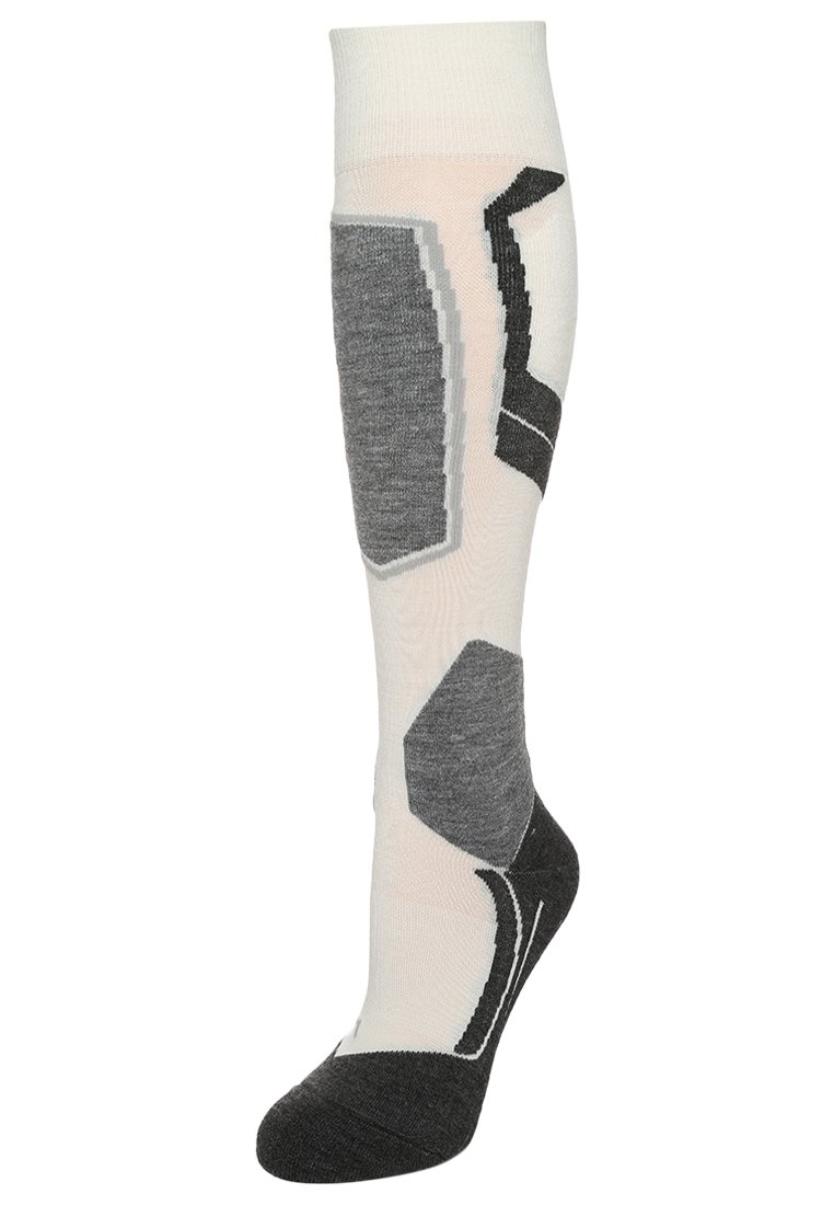 Calcetines hasta la rodilla que presentan una combinación de colores gris y blanco, con patrones geométricos y texturas variadas para mejorar la comodidad y el ajuste.