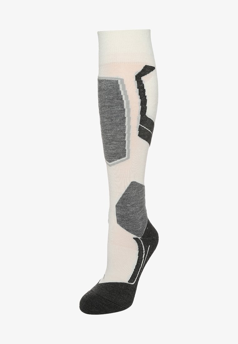 Calcetines hasta la rodilla que presentan una combinación de colores gris y blanco, con patrones geométricos y texturas variadas para mejorar la comodidad y el ajuste.