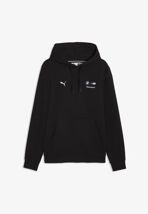 Sudadera con capucha negra hecha de tela suave, con bolsillo canguro, capucha con cordón ajustable y logotipos blancos de Puma y BMW Motorsport.