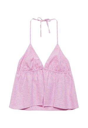 Haut à bretelles rayé rose et violet avec un décolleté en V profond et une taille froncée, noué au cou avec des fines bretelles.